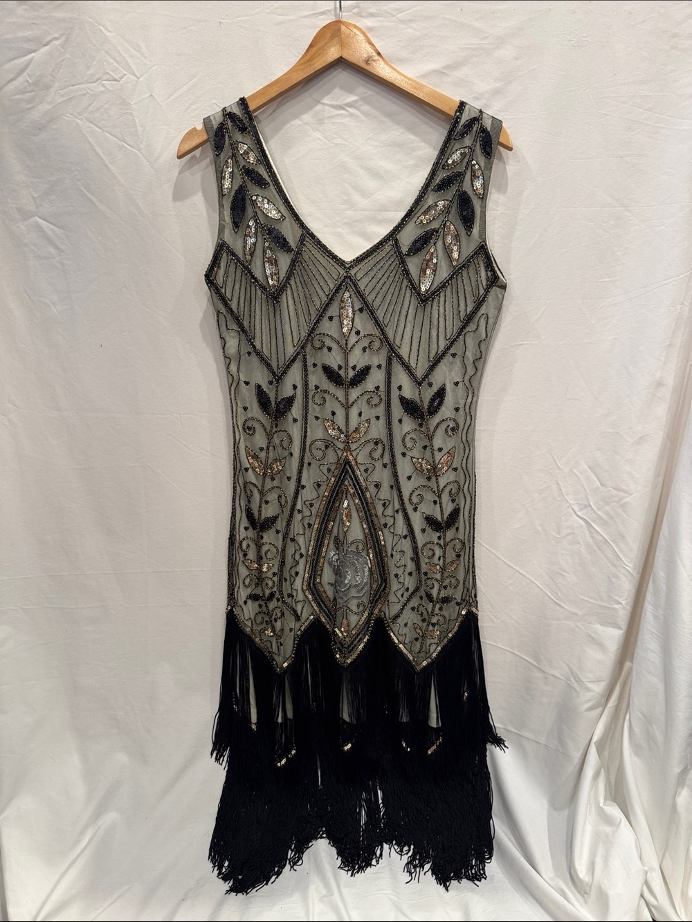Beaded Gold Flapper Dress with Fringe Size L
